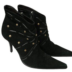 Cesare Paciotti Heroes Black Suede Pointed Toe Studded Ankle Heels Side Zip 37.5